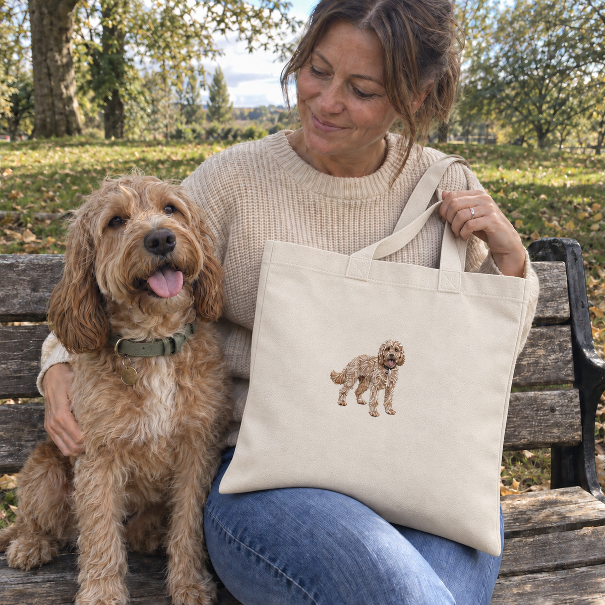 Woman holding a natural personalised embroidered pet portrait tote bag with her dog in an autumn park