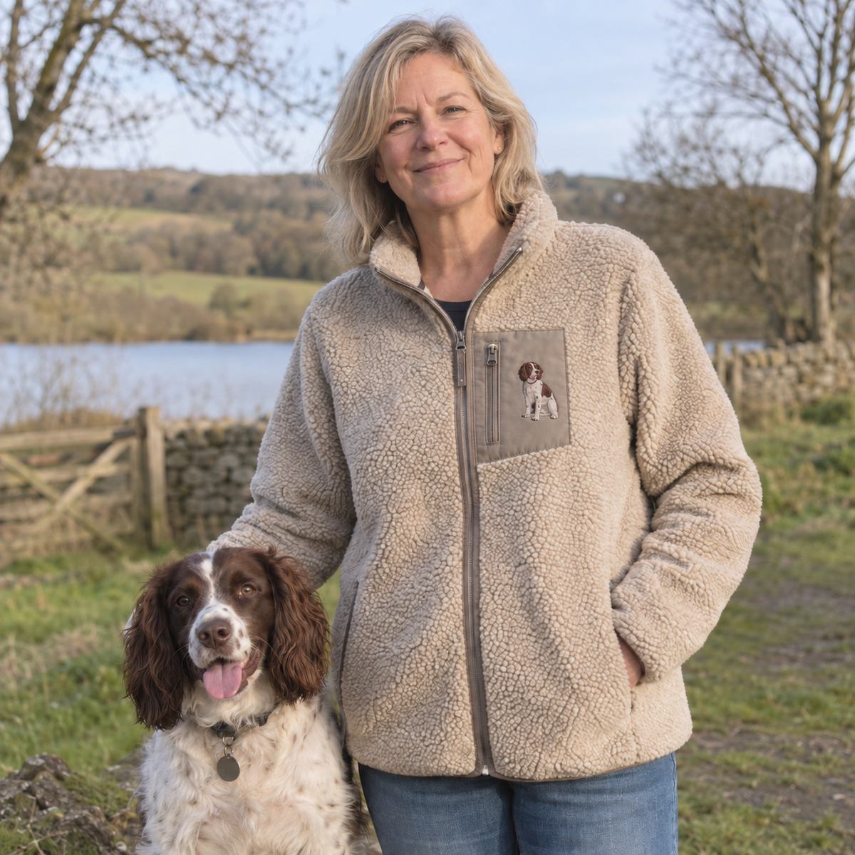 Woman wearing a wet sand personalised embroidered pet sherpa fleece with a spaniel portrait on the chest pocket by a lake