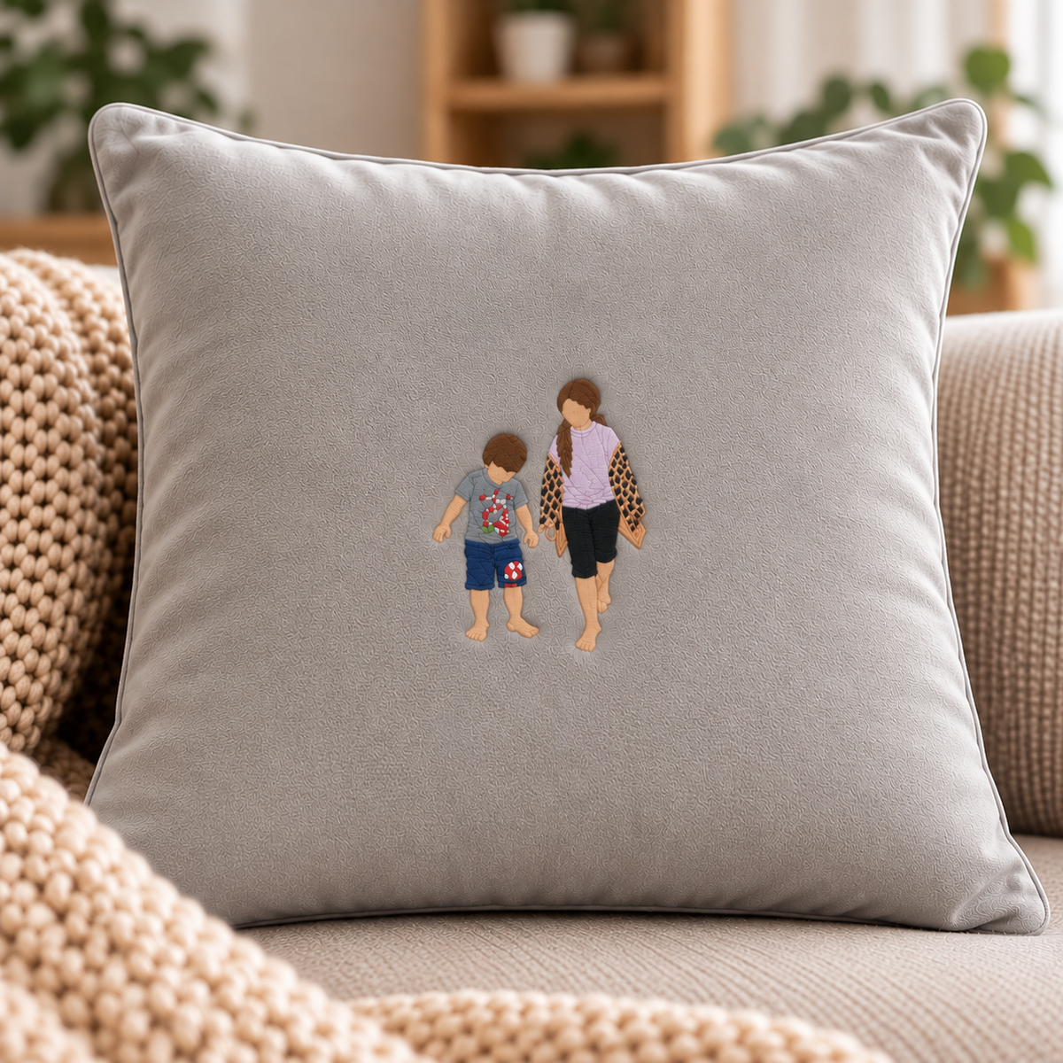 Grey personalised embroidered photo cushion with two children, custom family photo keepsake