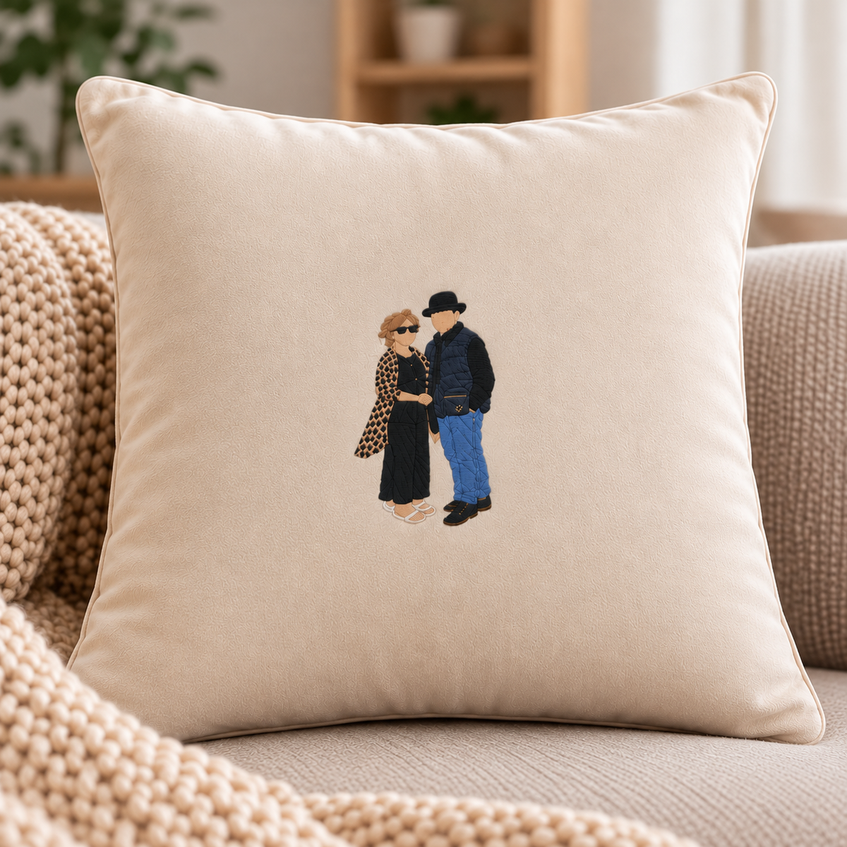 Personalised embroidered photo cushion in cream featuring a couple, custom anniversary and memory gift