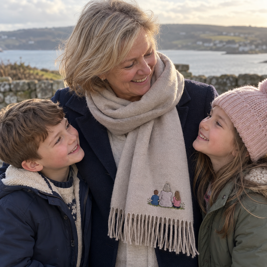 Grandmother wearing a personalised embroidered photo scarf with a small muted full-colour design of one adult, a boy and a girl on a family day out