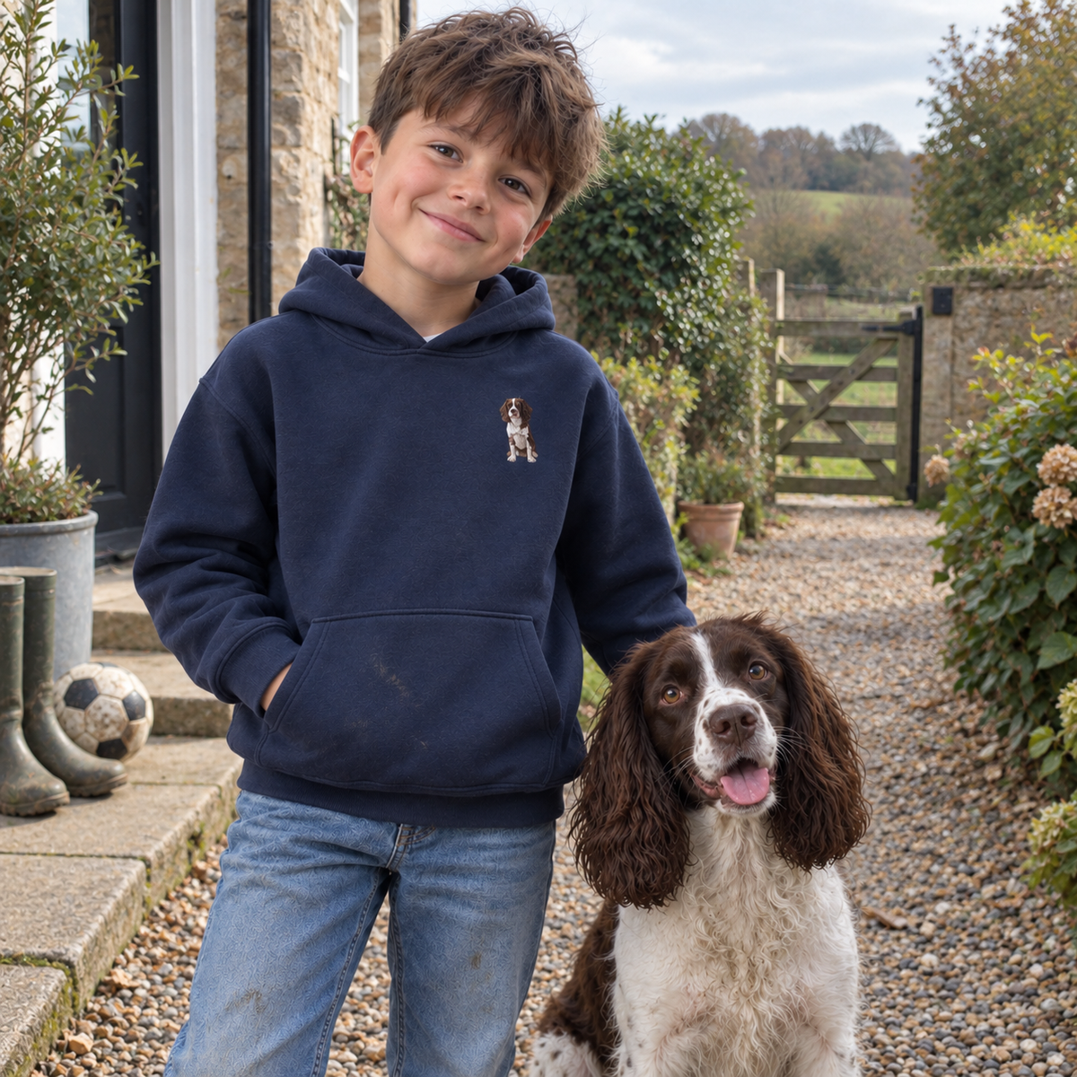 Boy wearing a navy personalised embroidered kids dog portrait hoodie with his Springer Spaniel in a natural outdoor UGC photo
