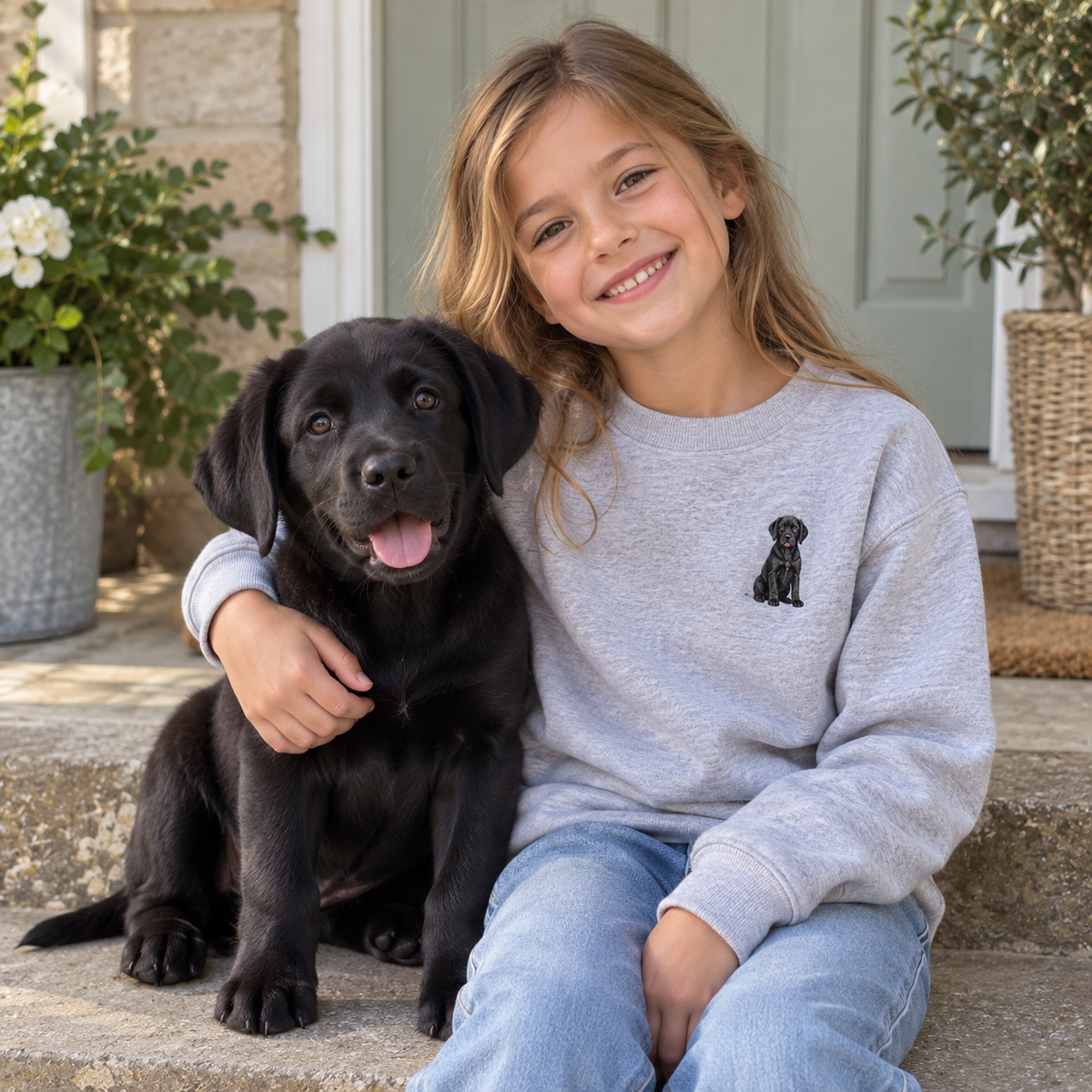 Girl wearing a personalised embroidered kids dog portrait sweater in grey with a black Labrador puppy
