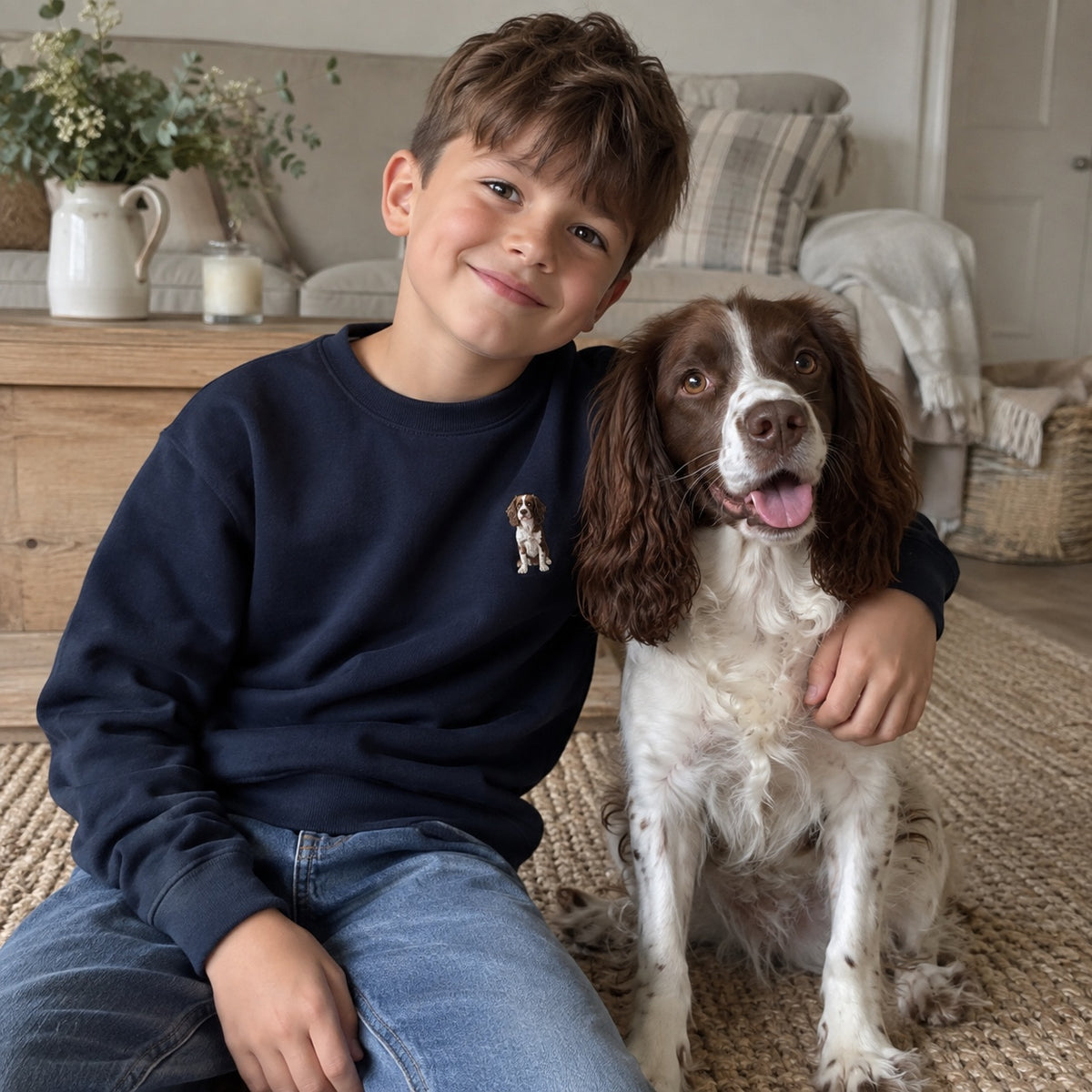 Boy wearing a navy personalised embroidered kids dog portrait sweater with his spaniel at home