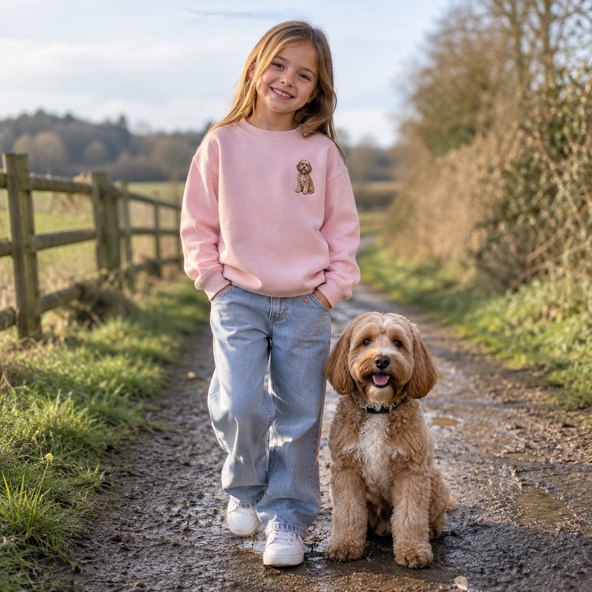 Girl wearing a personalised embroidered kids pet portrait sweater in pink with her dog on a country walk