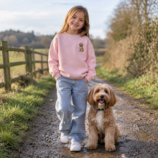 Girl wearing a personalised embroidered kids pet portrait sweater in pink with her dog on a country walk