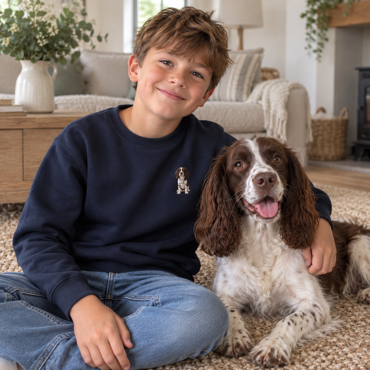 Boy wearing a personalised embroidered kids pet sweater in navy with a Springer Spaniel in a cosy home