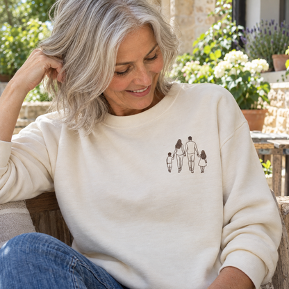 Woman wearing a Vanilla personalised outline embroidered sweater with a small single-colour family of four design on the chest