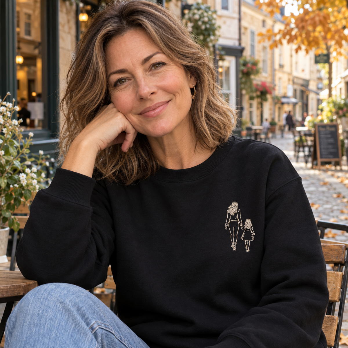 Woman wearing a Jet Black personalised outline embroidered photo sweater with a small mother and daughter design on the chest