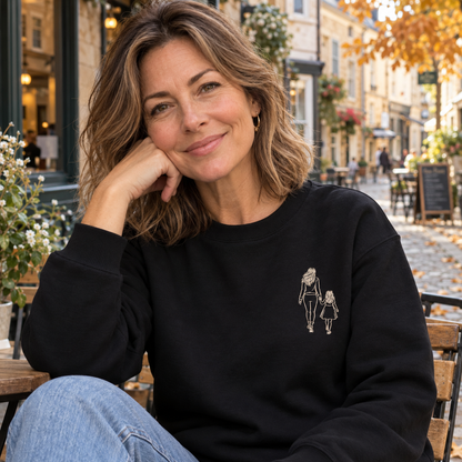 Woman wearing a Jet Black personalised outline embroidered photo sweater with a small mother and daughter design on the chest