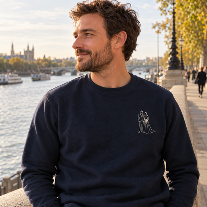 Man wearing a New French Navy personalised outline embroidered photo sweater with a small bride and groom wedding design
