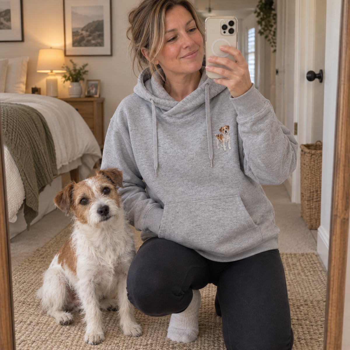 Woman wearing a personalised embroidered pet portrait cross neck hoodie in a natural mirror selfie with her dog