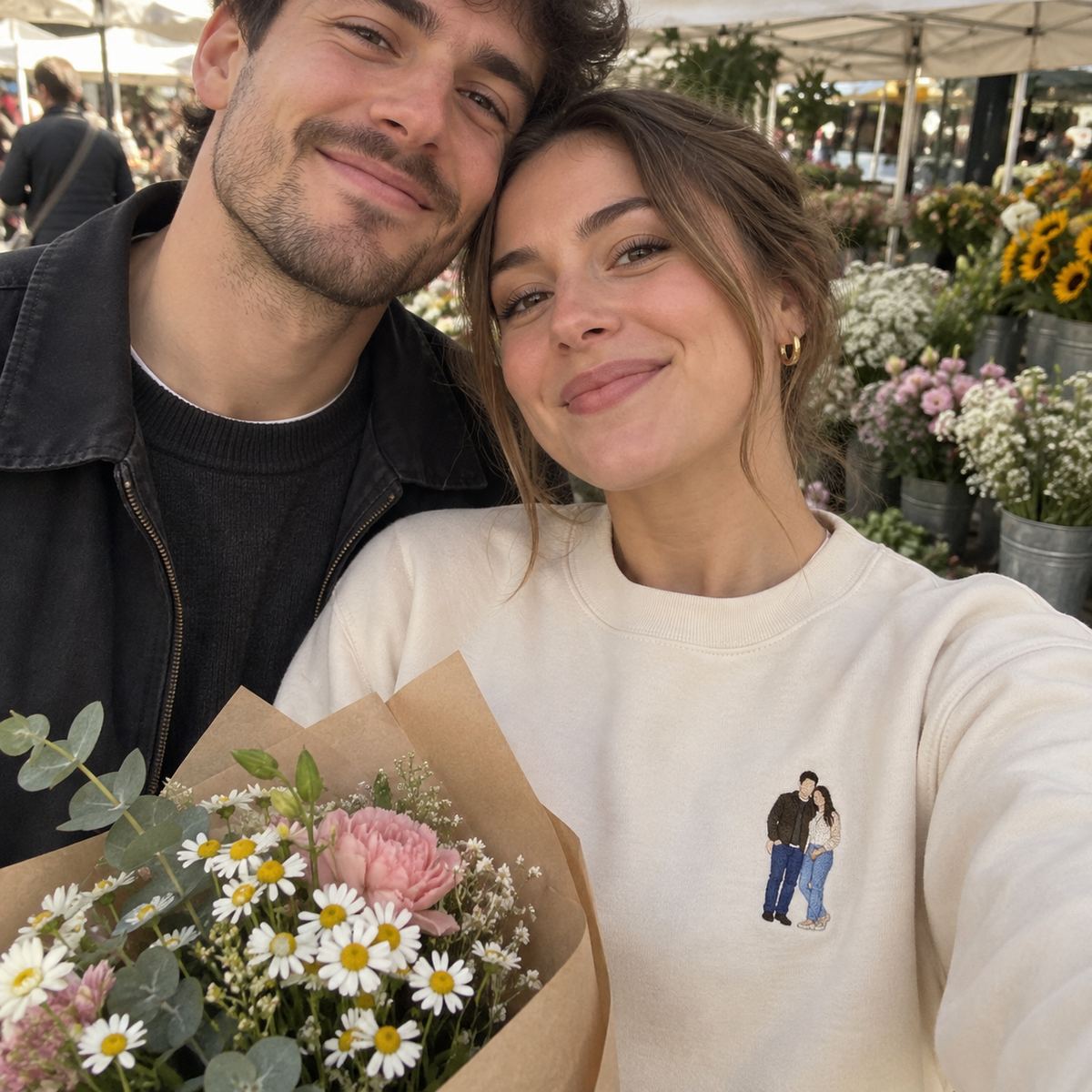 Woman wearing a personalised full-colour photo embroidered sweater with a small couple portrait in a natural flower market selfie