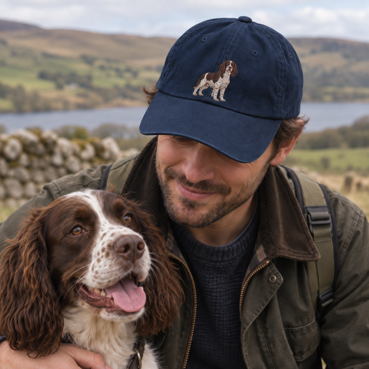 Man wearing a personalised embroidered brushed pet portrait cap with a full-body spaniel design on a countryside walk