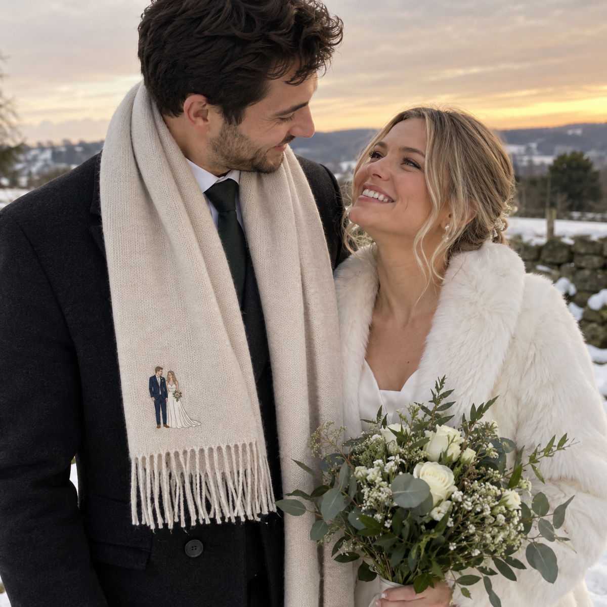 Bride and groom wearing a personalised embroidered photo scarf with a small muted wedding portrait stitched near the fringed edge
