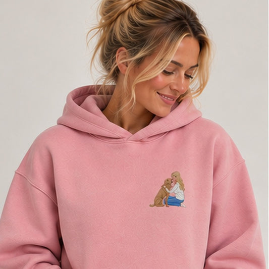 Dusty pink personalised heavyweight embroidered photo hoodie worn by woman, square studio close-up
