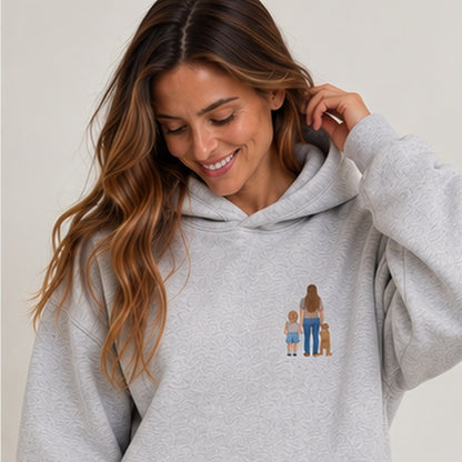 Heather grey personalised embroidered memory hoodie worn by woman, square studio photograph