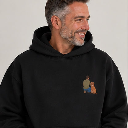 Black heavyweight personalised embroidered photo hoodie worn by man, square studio photograph