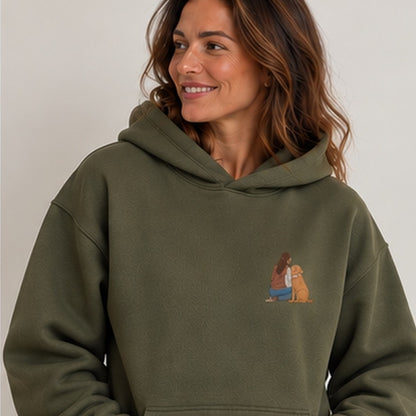 Olive personalised embroidered photo hoodie worn by woman, square studio photograph