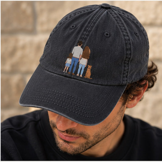 Man wearing washed black personalised embroidered cap with family and dog photo design