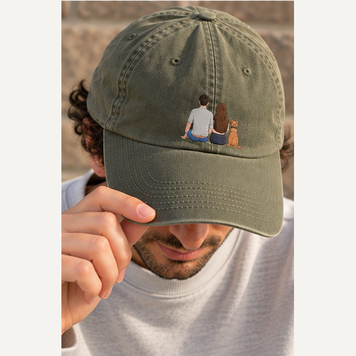 Man wearing olive vintage personalised embroidered cap with couple and dog design