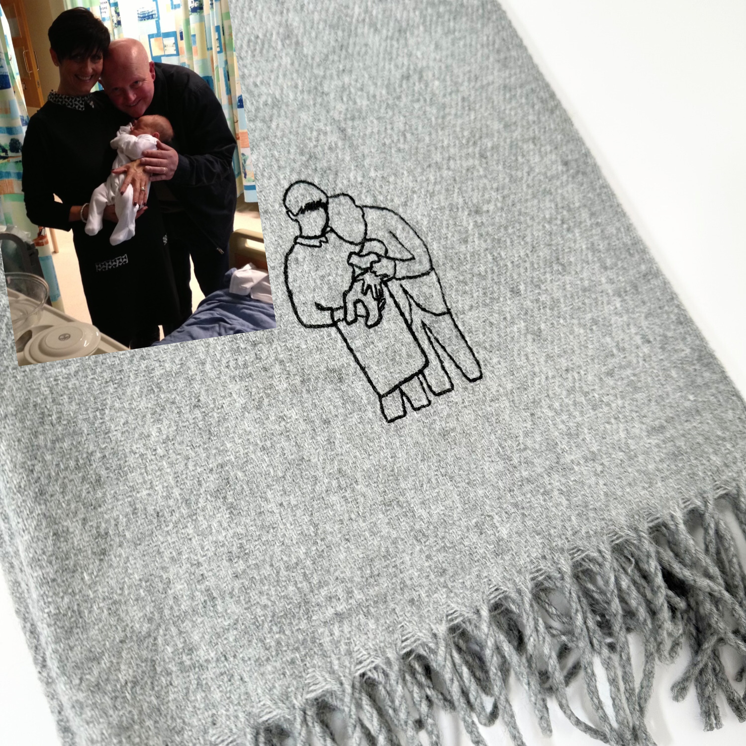 Picture turned into Outline Artwork and embroidered with black thread onto a luxurious grey scarf. Perfect for adding a touch of elegance and personalized style to your wardrobe. Handcrafted with precision for a unique and thoughtful gift