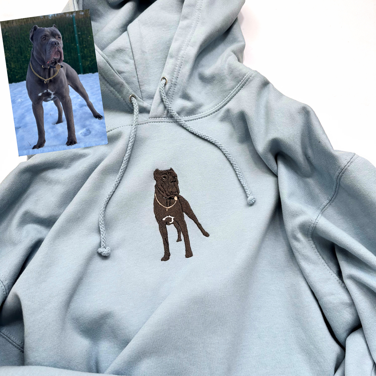 Premium Hoodie with Detailed Embroidered Picture of Your Beloved Pet - Showcase your furry friend's likeness on this high-quality hoodie with exquisite embroidery. Customised to perfection, this premium hoodie features a lifelike depiction of your pet, adding a personal touch to your wardrobe. Perfect for pet lovers, this cosy hoodie combines style and sentimentality in one stunning design. Get ready to wear your pet's adorable image with pride and warmth, wherever you go