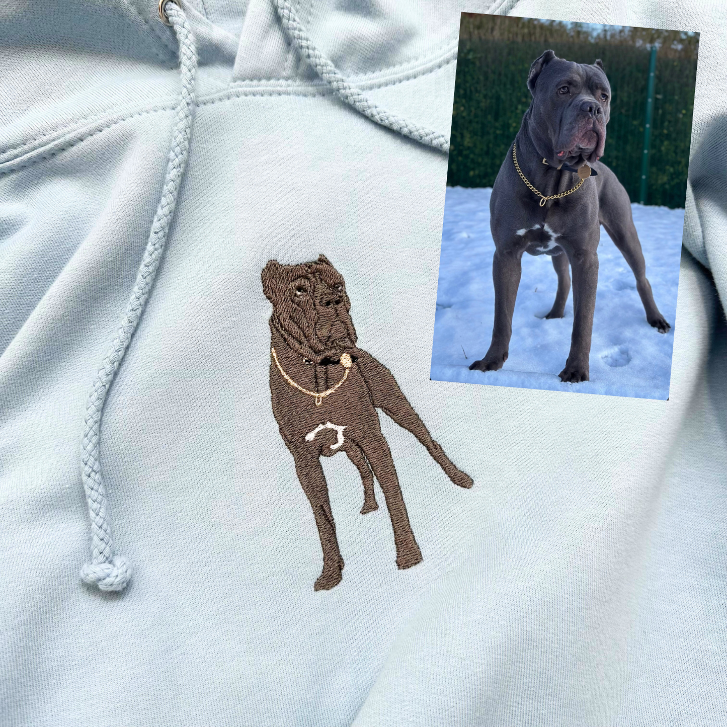 Personalised Pet Portrait Hoodie with Intricate Embroidery - This stunning hoodie showcases a lifelike embroidered portrait of your furry friend. Expertly crafted with attention to detail and shading, the image captures your pet's unique personality, making it a cherished keepsake for any pet owner. Made with high-quality materials, this hoodie is not only beautiful and sentimental but also comfortable and practical. Wear your pet's likeness close to your heart with this personalised pet portrait hoodie.